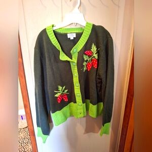 Unique Vintage Lime Green Cardigan with Strawberry Details